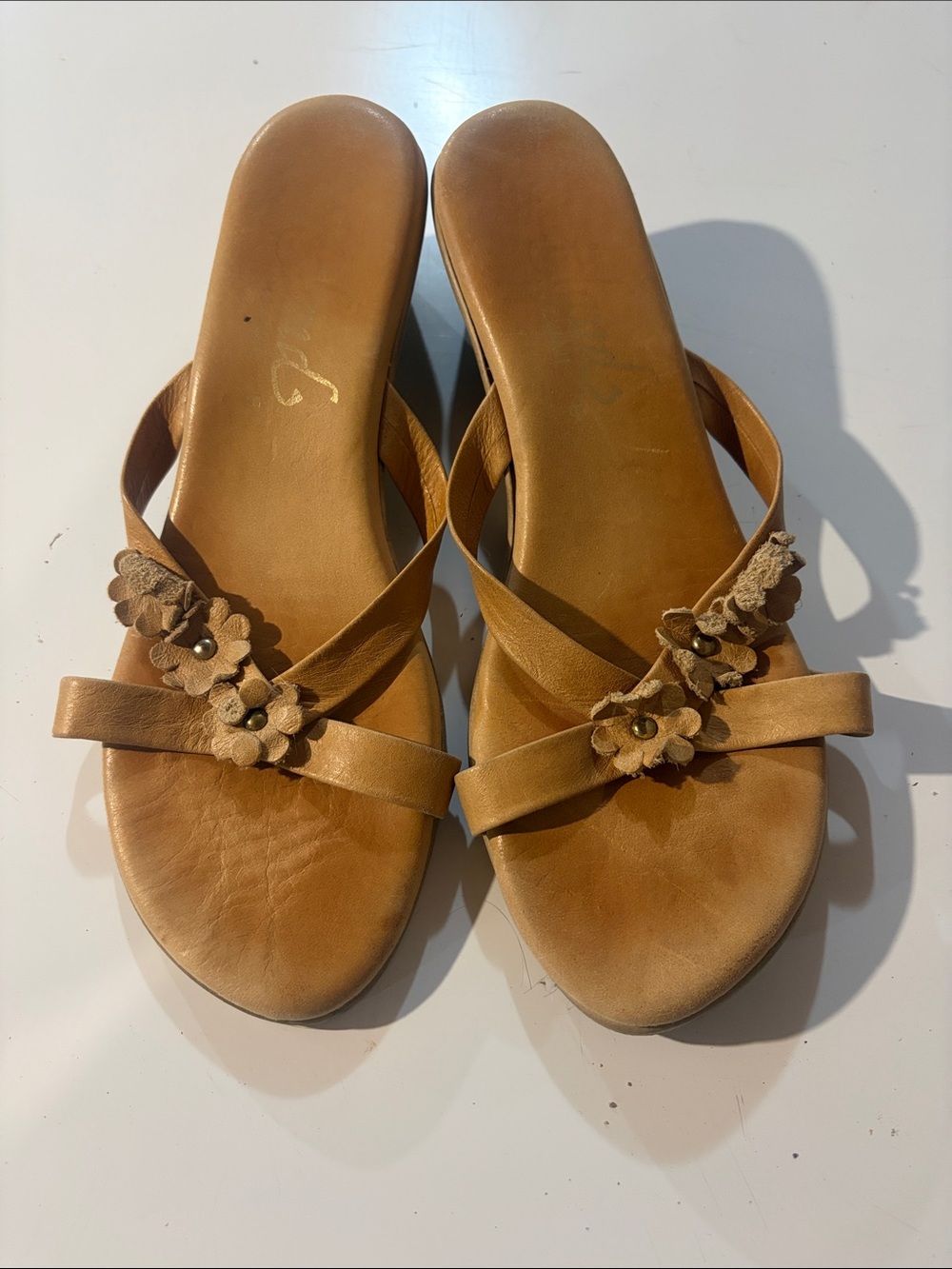 Women’s Tan Floral Leather Slide Sandals